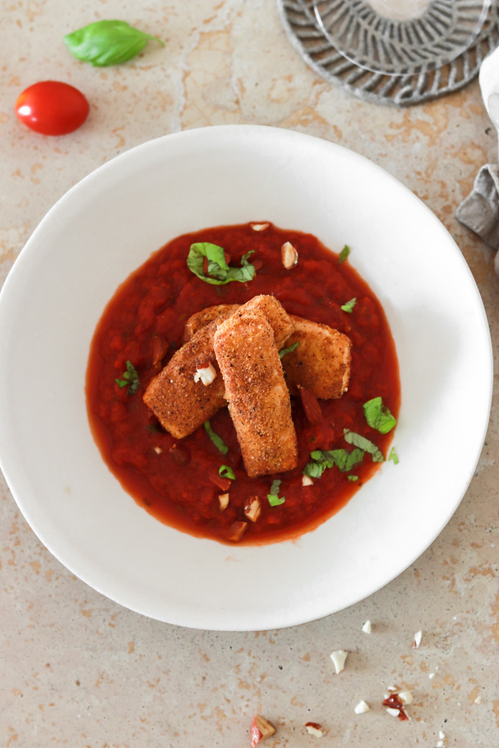 Polenta Crusted Halloumi with Tomato Sauce (Vegetarian, Gluten Free
